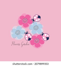 Pink and blue cute flowers garden Daisies. Girl ladybird vectör