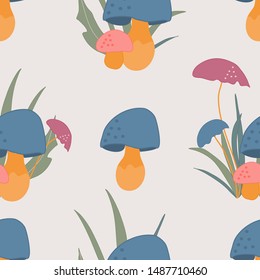 Pink and blue cute mushrooms in a seamless pattern design, perfect to use on the web, or in print, for surface design