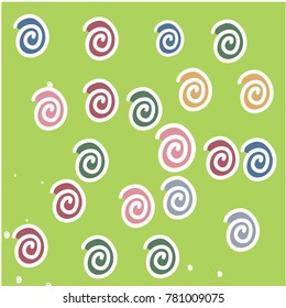 Pink, Blue and Dark Red Snails on Green Background