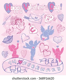 Pink and blue design doodle set with Cupid, banner, hearts and love symbols. Line art illustration with hand drawn elements and letters on textured background. Valentine's Day and holiday theme