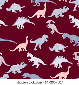 Pink and blue dinosaurs seamless pattern on brown background. Vector Illustration