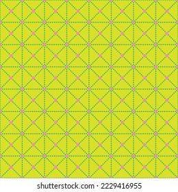 Pink and blue dot line and square pattern on yellow background. Modern abstract pattern backdrop.