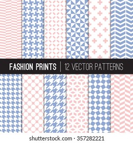 Pink Blue Fashion Prints Patterns. Rose Quartz and Serenity - 2016 Colors of the Year. Houndstooth, Herringbone, Triangle, Cross, Dots, Chevron. Vector File's Pattern Swatches Made with Global Colors.