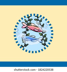 Pink and blue fish with algae on a beige background, cartoon style, bubbles, blue, light yellow, stroke, fish, circle, postcard, vertical stripes, algae, circumference, congratulation, pattern, marine