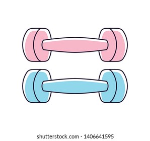 Pink and blue fitness dumbbells isolated cartoon icon