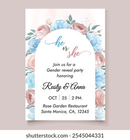 Pink and blue floral gender reveal party invitation template, Boy or girl.