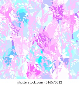 Pink blue floral pattern mixed meadow stems and leaves. Pastel silhouette colorful stamps seamless background.