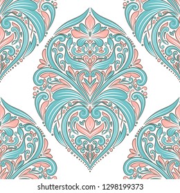 Pink and blue floral seamless pattern. Folk ornament vector, vintage elements. Traditional, Turkish, Indian motifs. Great for fabric and textile, wallpaper, packaging or any desired idea.