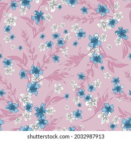 Pink and Blue Floral Seamless Pattern Background.