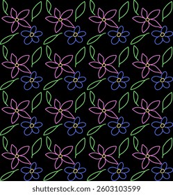 
Pink and blue floral seamless pattern in doodle style on black background