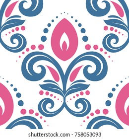 Pink and blue floral seamless pattern. Ornament, paisley elements. Traditional, Ethnic, Turkish, Indian motifs. Great for fabric and textile, wallpaper, packaging or any desired idea. 