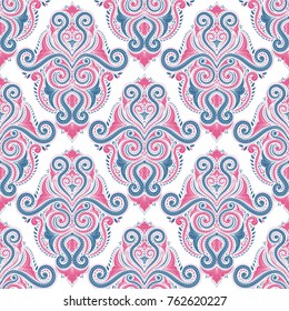 Pink and blue floral seamless pattern. Ornament, paisley elements. Traditional, Ethnic, Turkish, Indian motifs. Great for fabric and textile, wallpaper, packaging or any desired idea. 