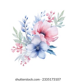 pink and blue flower arrangement watercolor illustration