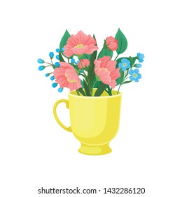 Pink and blue flowers in a mug. Vector illustration on white background.