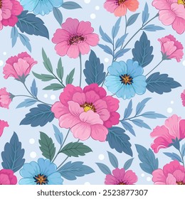 Pink and blue flowers on light blue color background seamless pattern. Can be used for fabric textile wallpaper.