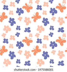 pink and blue flowers with orange butterflies on white background summer spring autumn seamless pattern 