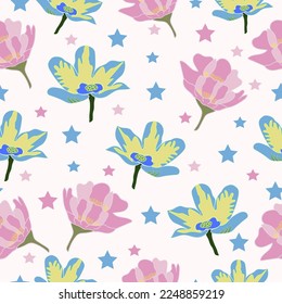 Pink and blue flowers seamless vector repeat pattern. It is suitable for textile, fabric, tiles, decorations, wrapping, packaging and more.