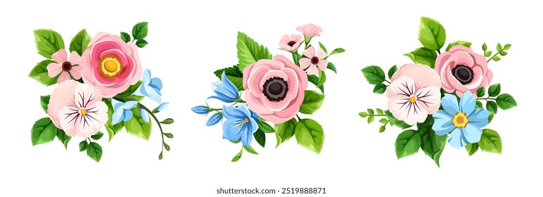 Flores rosas y azules. Conjunto de ramos florales de Vector aislados sobre un fondo blanco. Ilustración dibujada a mano, no IA