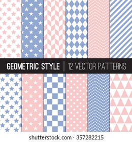 Pink Blue Geometric Patterns. Rose Quartz and Serenity - 2016 Colors of the Year. Chevron, Dots, Checks, Triangles, Stars & Stripes. Vector EPS File's Pattern Swatches made with Global Colors.