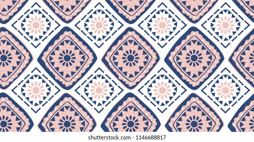 Pink blue geometric seamless pattern in African style with square,tribal and circle