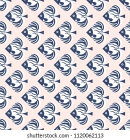 Pink and blue geometric style fish seamless pattern.