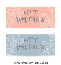 Pink and blue Gift voucher template with lace zentangle pattern isolated on white background. Vector illustration with arabic mandala.