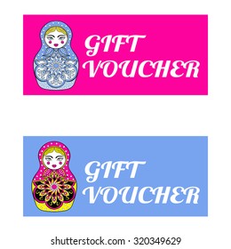 Pink and blue Gift voucher template with  Russion dolls in zentangle style patterned, isolated on white background. Vector illustration with Matryoshka.