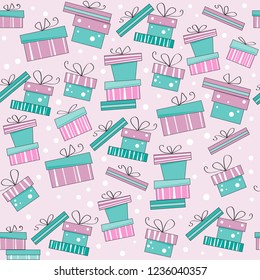 pink and blue gifts seamless pattern on a pink background