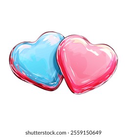 Pink and Blue Glossy Hearts Illustration. Two Shiny Hearts in Pink and Blue Colors