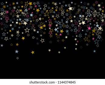 Pink blue gold geometric star pattern sparkle vector. Trendy colored confetti of flying stars, magic geometric sparkles stardust vector background on dark. Party design with starburst.
