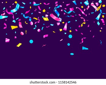 Pink blue gold glossy holiday realistic confetti flying vector background. VIP flying tinsels, foil texture serpentine streamers, sparkles, confetti falling new year background.