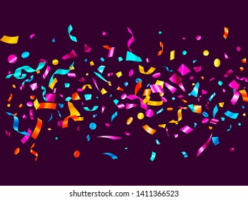 Pink blue gold shiny holiday realistic confetti flying vector background. Luxurious flying tinsels, foil texture serpentine streamers, sparkles, confetti falling Christmas background.