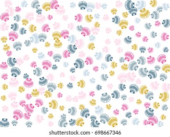 Pink, blue and gold vector sea shell pattern illustration. Pearl scallop, oceanic or marine mollusk cockleshell design. Bivalve conch, shellfish repeating background, seashell scatter.