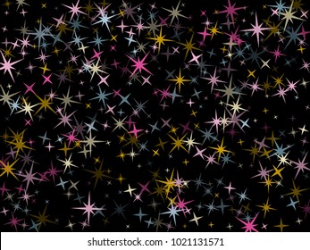 Pink blue gold vector star background sparkle pattern. Colorful confetti of flying stars, magic geometric sparkles on black. Holiday party design.