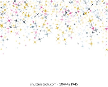Pink blue gold vector star background sparkle pattern. Premium colored confetti of flying stars, magic geometric sparkles stardust vector background on white. New Year party design.