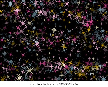 Pink blue gold vector star background sparkle pattern. Trendy colored confetti of flying stars, magic geometric sparkles stardust vector background on black. New Year party design.