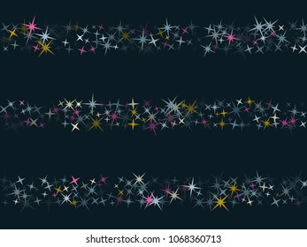 Pink blue gold vector star background sparkle pattern. Trendy colored confetti of flying stars, magic geometric sparkles stardust vector background on dark. Birthday party design.