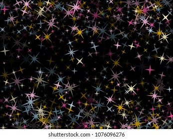 Pink blue gold vector star background sparkle pattern. Minimal colored confetti of flying stars, magic geometric sparkles stardust vector background on dark. Party celebration design.
