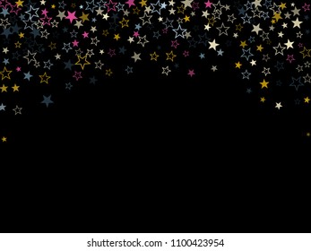 Pink blue gold vector star background sparkle pattern. Colorful confetti of flying stars, magic geometric sparkles on dark. Cosmic party design.