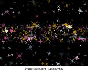 Pink blue gold vector star background sparkle pattern. Minimal colored confetti of flying stars, magic geometric sparkles stardust vector background on dark. New Year party design.