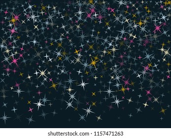 Pink blue gold vector star background sparkle pattern. Premium colored confetti of flying stars, magic geometric sparkles stardust vector background on blue. Elegant party design.