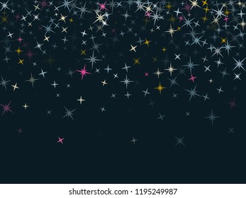 Pink blue gold vector star background sparkle pattern. Premium colored confetti of flying stars, magic geometric sparkles stardust vector background on dark. Cosmic party design.