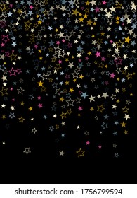 Pink blue gold vector star background sparkle pattern. Stylish colored confetti of flying stars, magic geometric sparkles stardust vector background on black. Elegant party design.