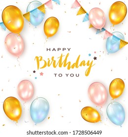 Pink, blue and golden balloons isolated on white background with lettering Happy Birthday, holiday pennants and confetti. Illustration can be used for holiday design, poster, card, website, banners.