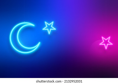 Pink and blue gradient banner for Ramadan Kareem. Bright modern design with neon crescent moon and stars. Vector background.