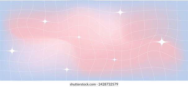 Pink blue gradient blurred checkered background with stars. Groovy retro checkered wavy background 90s 2000s. Horizontal abstract blurred gradient mesh template. Vector illustration.