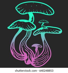 pink blue gradient of a mushrooms on a gray background, for printing on T-shirts, website design element, tattoo salon mobile application, vector graphics, pinpoint work sketch