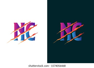 Pink and blue gradient NC letter template logo design with orange scratch effect