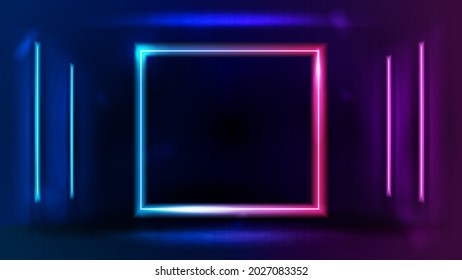 Pink and blue gradient neon blank square frame with line neon lamp in dark room on wall