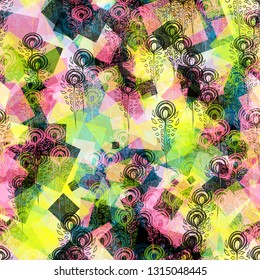Pink, blue, green, black colors. Stylized feather and squares mix random. Bright seamless texture.